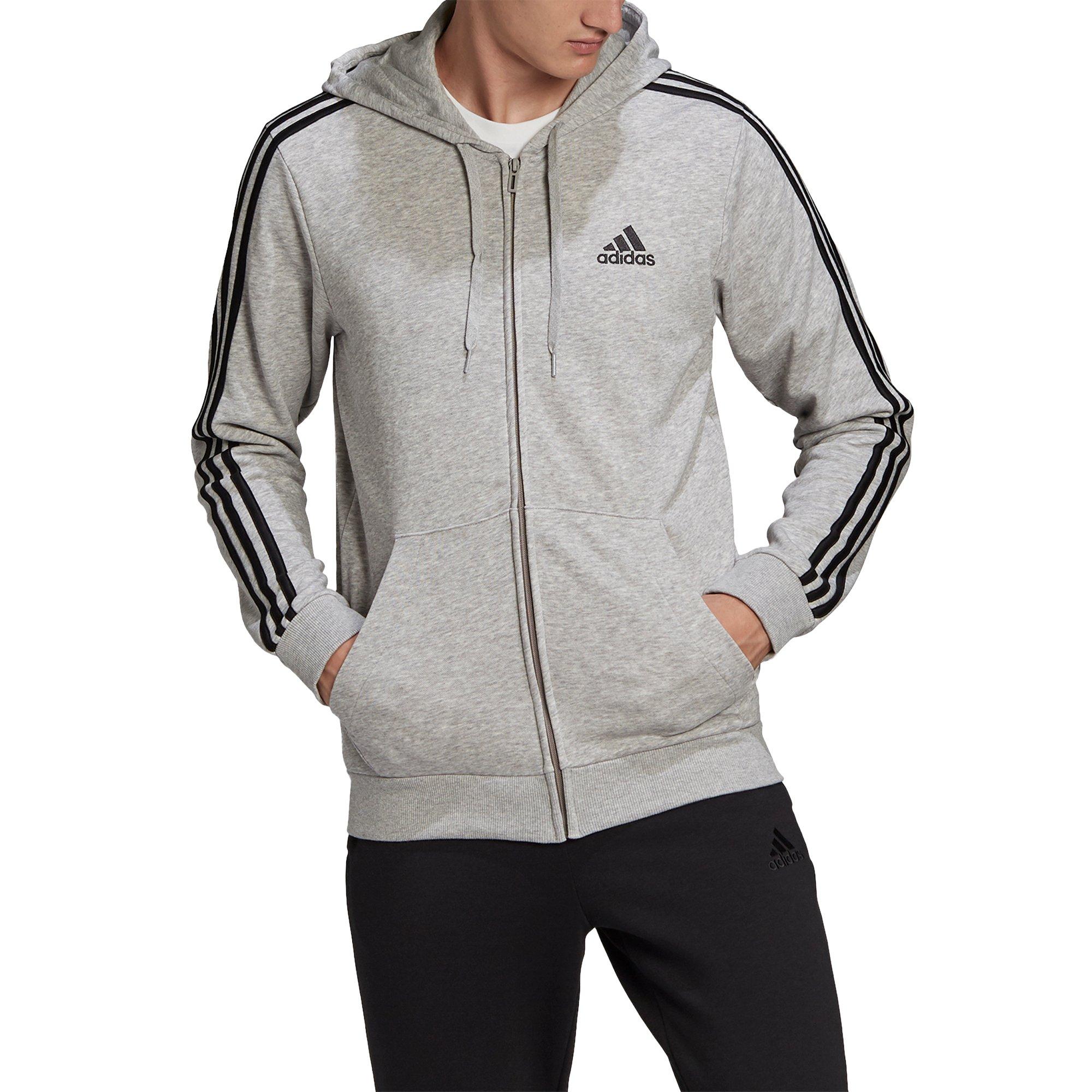 adidas Men's Essentials French Terry 3-Stripes Gray/Black Full-Zip Hoodie